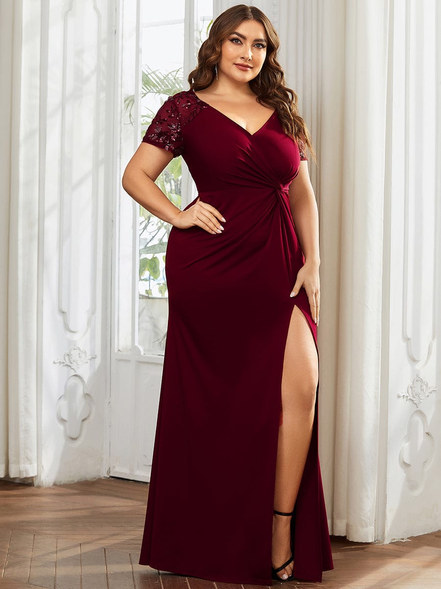 Twist Front Plus Size Maxi Dress with Embellished Sleeves #color_Burgundy