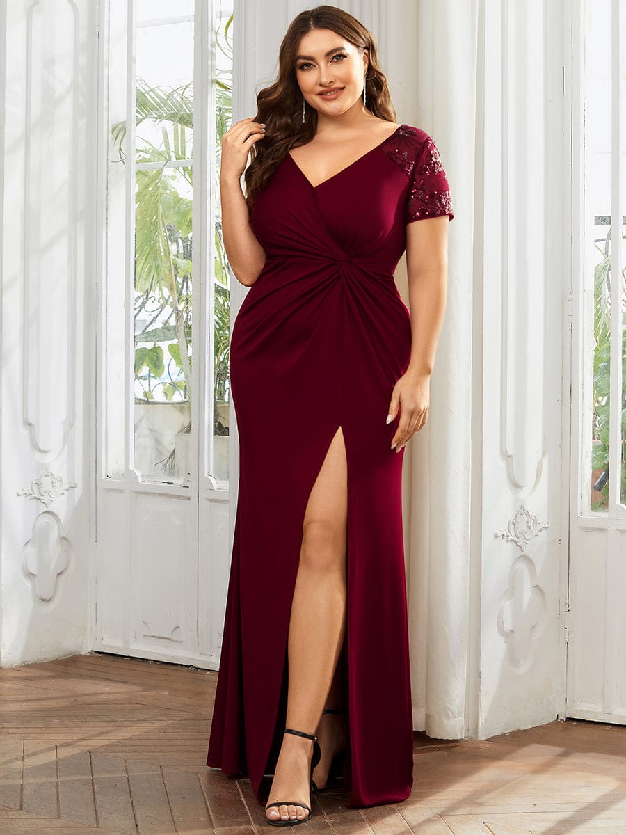 Twist Front Plus Size Maxi Dress with Embellished Sleeves #color_Burgundy