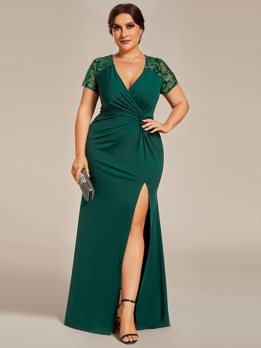 Twist Front Plus Size Maxi Dress with Embellished Sleeves #color_Dark Green