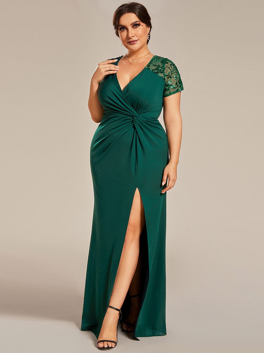 Twist Front Plus Size Maxi Dress with Embellished Sleeves #color_Dark Green