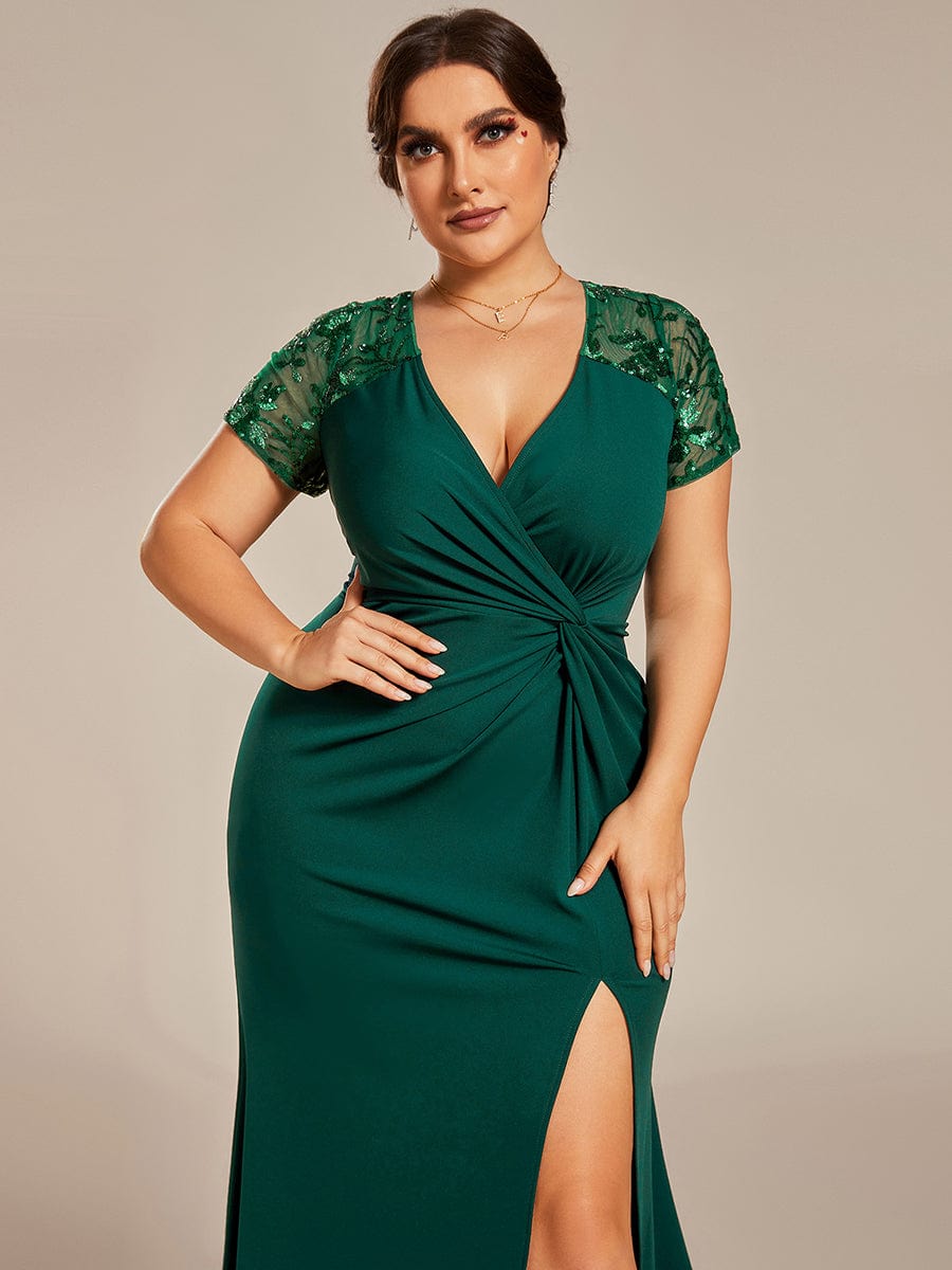 Twist Front Plus Size Maxi Dress with Embellished Sleeves #color_Dark Green