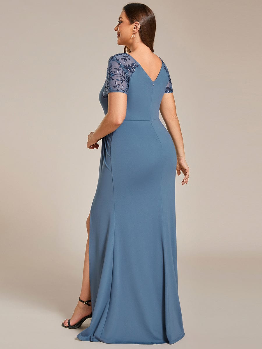 Twist Front Plus Size Maxi Dress with Embellished Sleeves #color_Dusty Blue