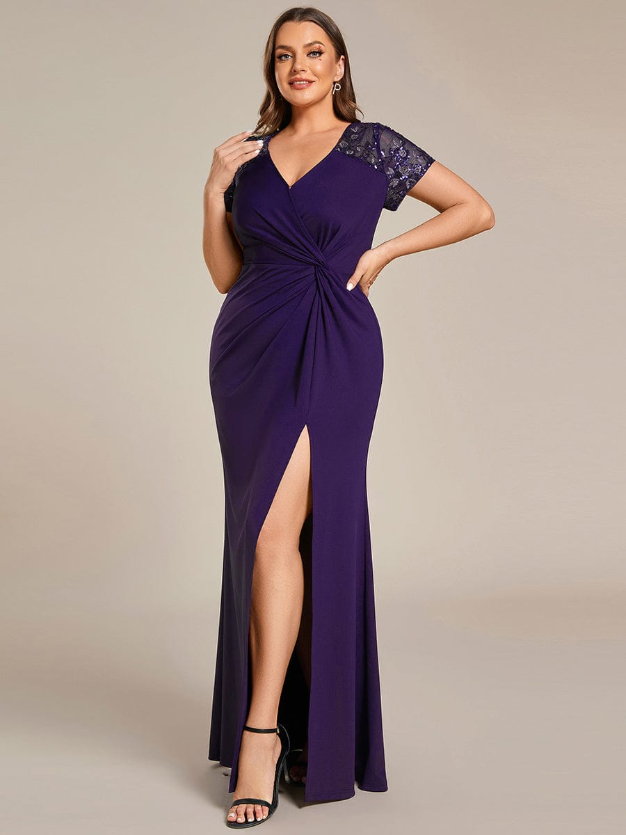 Twist Front Plus Size Maxi Dress with Embellished Sleeves #color_Dark Purple