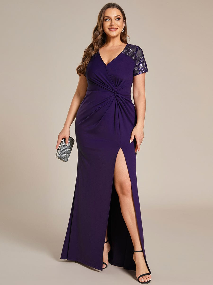 Twist Front Plus Size Maxi Dress with Embellished Sleeves #color_Dark Purple