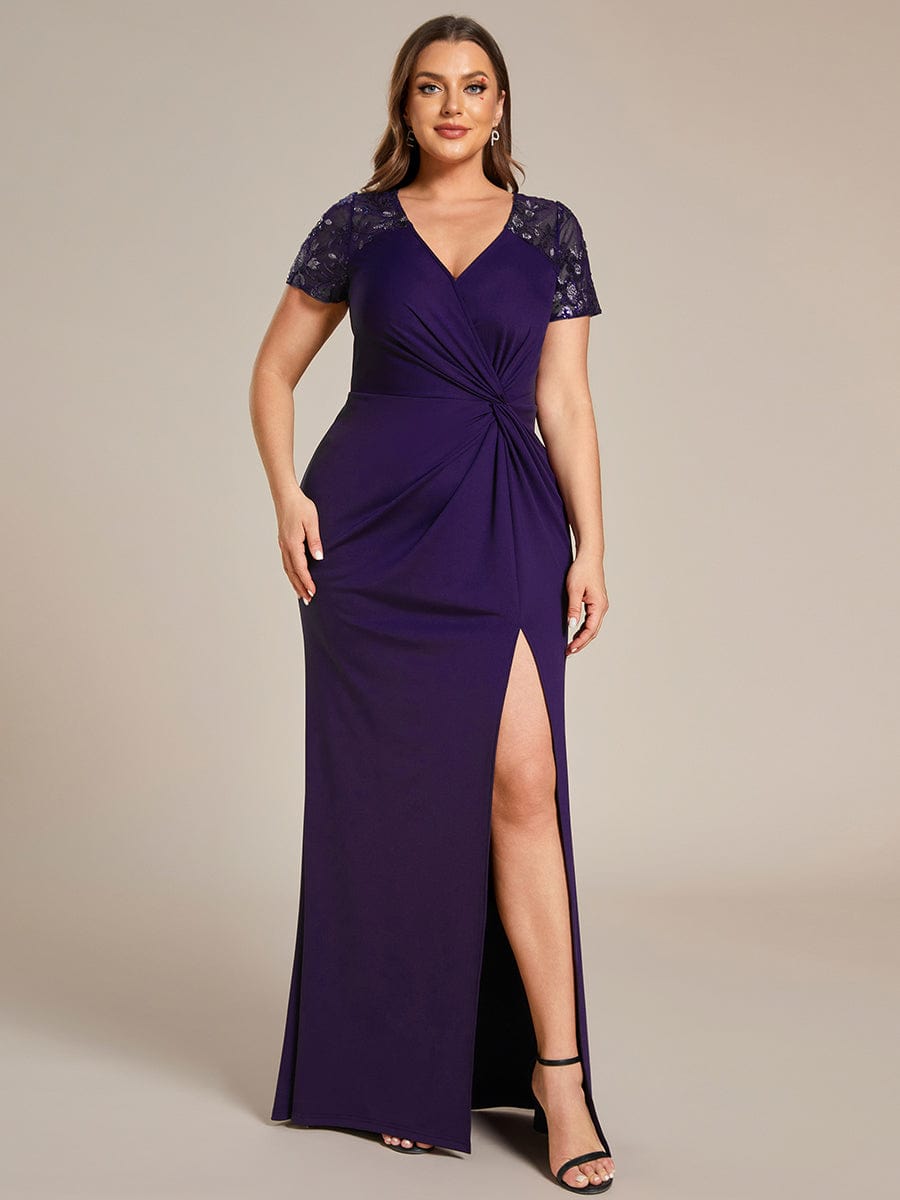 Twist Front Plus Size Maxi Dress with Embellished Sleeves #color_Dark Purple