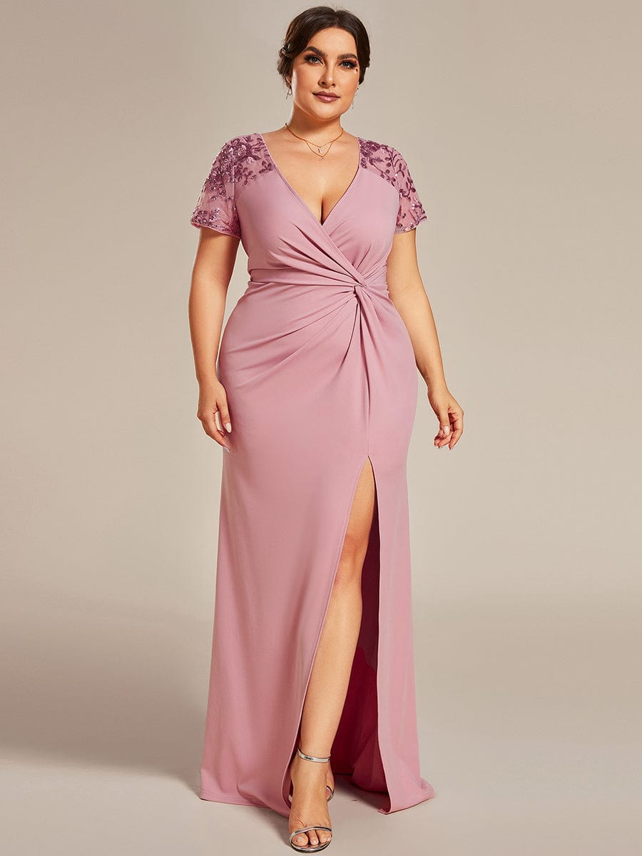 Twist Front Plus Size Maxi Dress with Embellished Sleeves #color_Dusty Rose