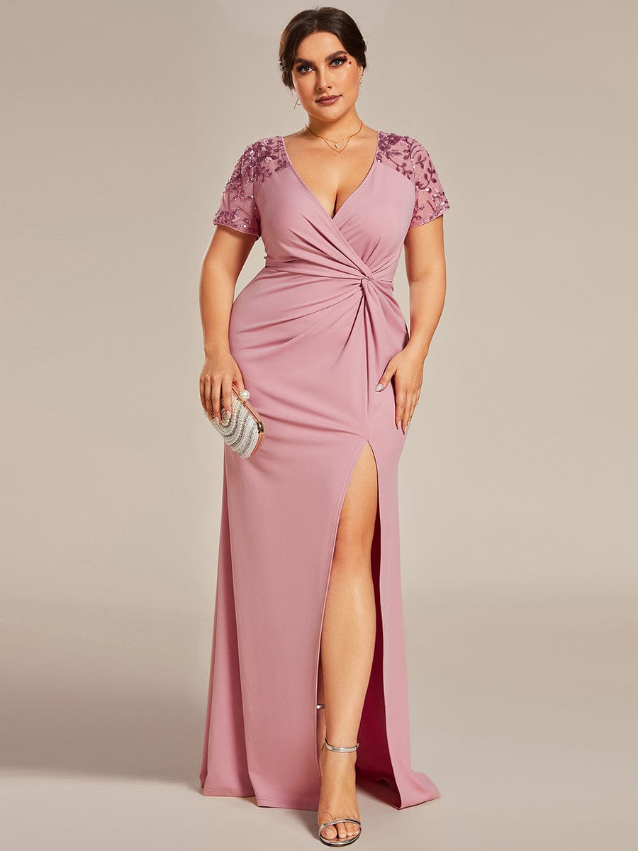 Twist Front Plus Size Maxi Dress with Embellished Sleeves #color_Dusty Rose