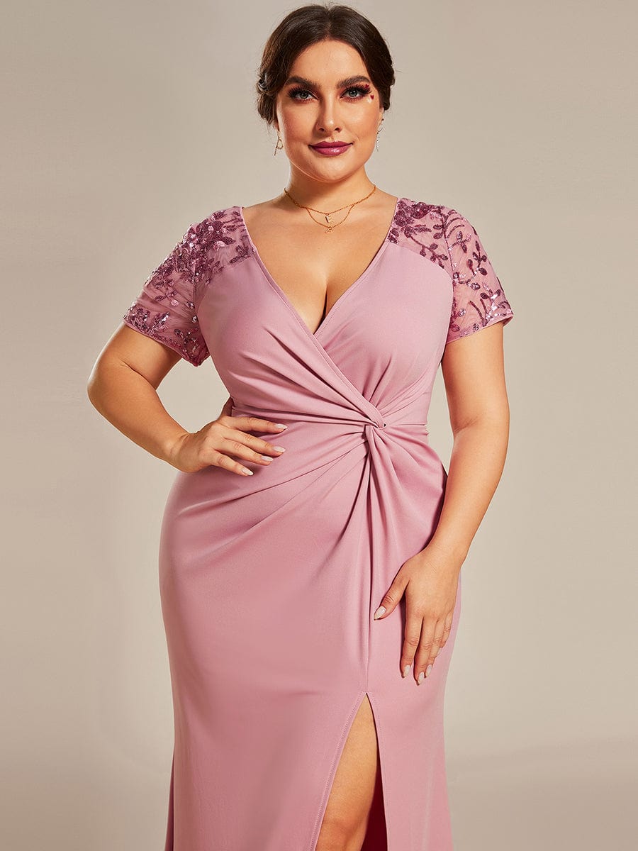 Twist Front Plus Size Maxi Dress with Embellished Sleeves #color_Dusty Rose