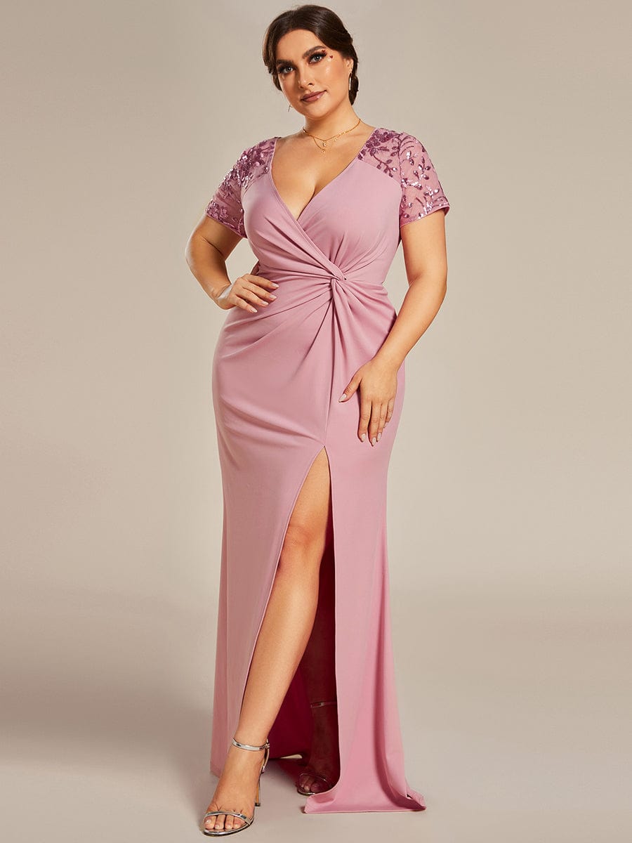 Twist Front Plus Size Maxi Dress with Embellished Sleeves #color_Dusty Rose