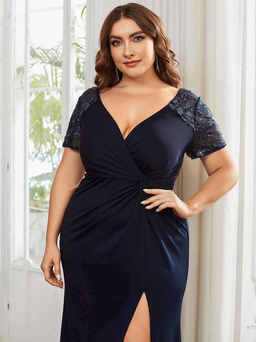 Twist Front Plus Size Maxi Dress with Embellished Sleeves #color_Navy Blue