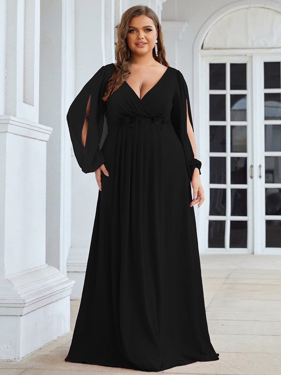 Plus Size Chiffon Empire Waist Maxi Dresses with Long Lantern Sleeves #color_Black