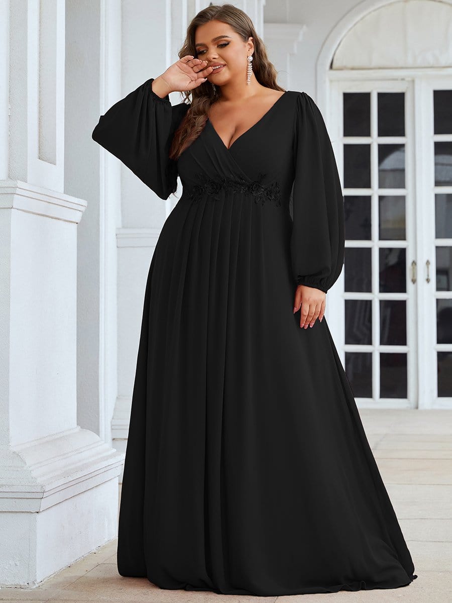 Plus Size Chiffon Empire Waist Maxi Dresses with Long Lantern Sleeves #color_Black