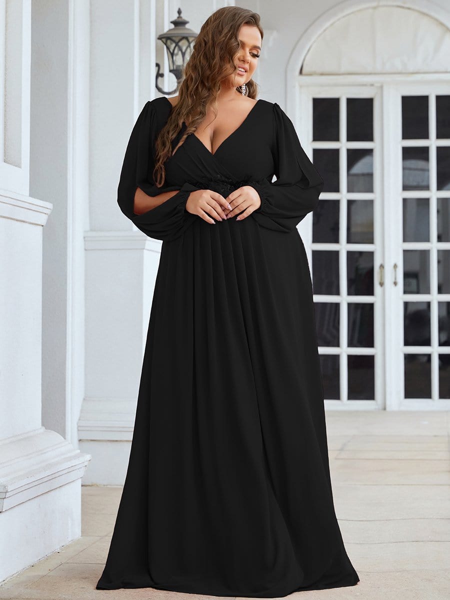 Plus Size Chiffon Empire Waist Maxi Dresses with Long Lantern Sleeves #color_Black