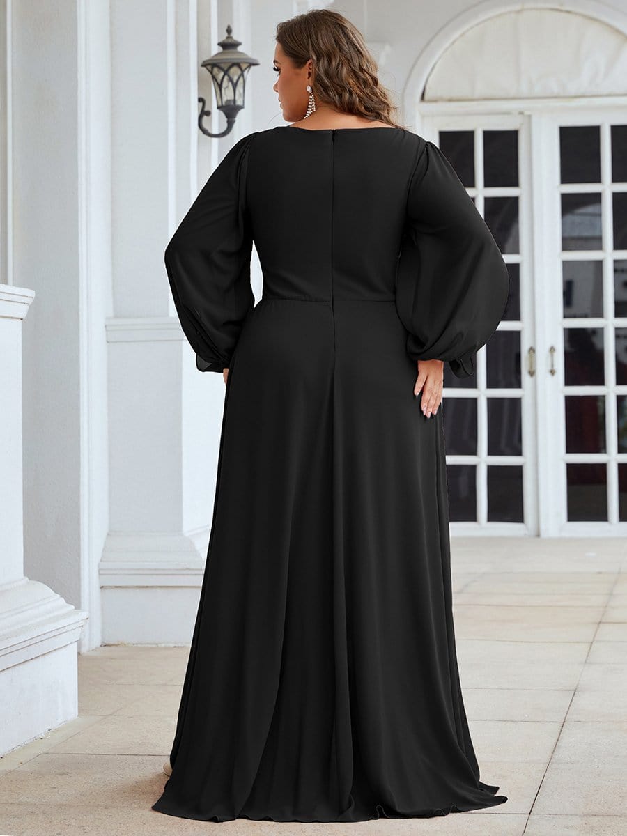 Plus Size Chiffon Empire Waist Maxi Dresses with Long Lantern Sleeves #color_Black