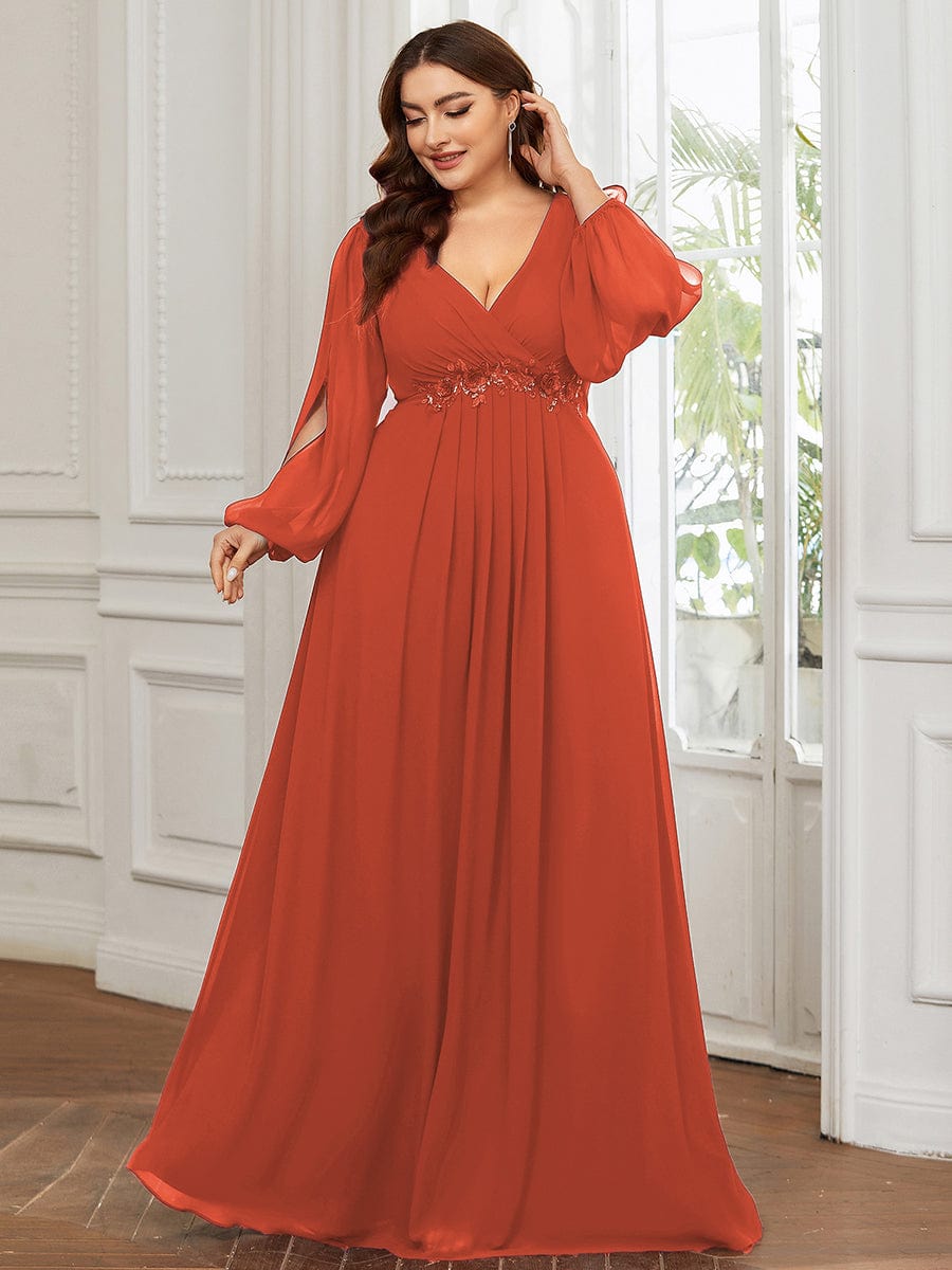 Plus Size Chiffon Empire Waist Maxi Dresses with Long Lantern Sleeves #color_Burnt Orange