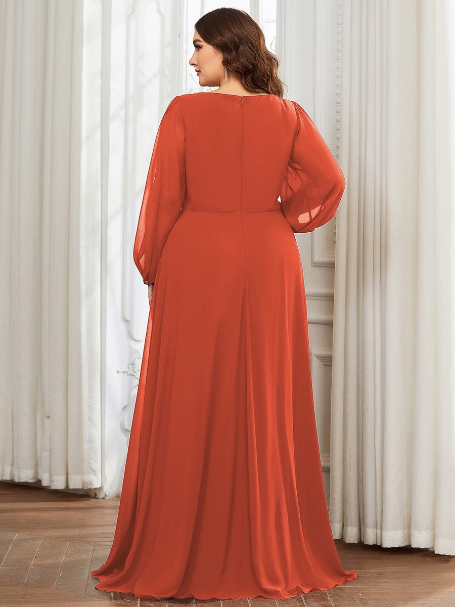 Plus Size Chiffon Empire Waist Maxi Dresses with Long Lantern Sleeves #color_Burnt Orange