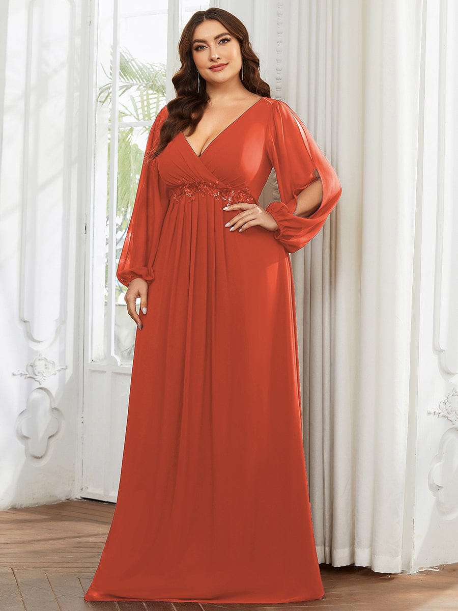 Plus Size Chiffon Empire Waist Maxi Dresses with Long Lantern Sleeves #color_Burnt Orange