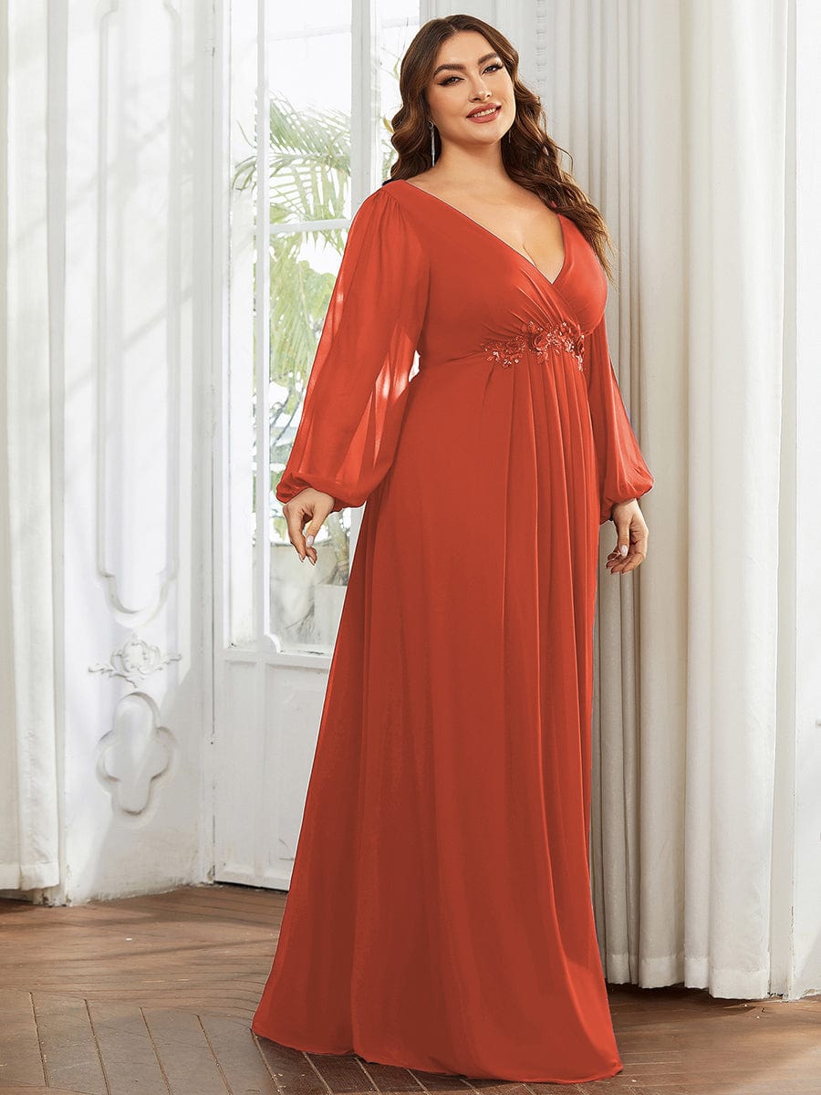 Plus Size Chiffon Empire Waist Maxi Dresses with Long Lantern Sleeves #color_Burnt Orange