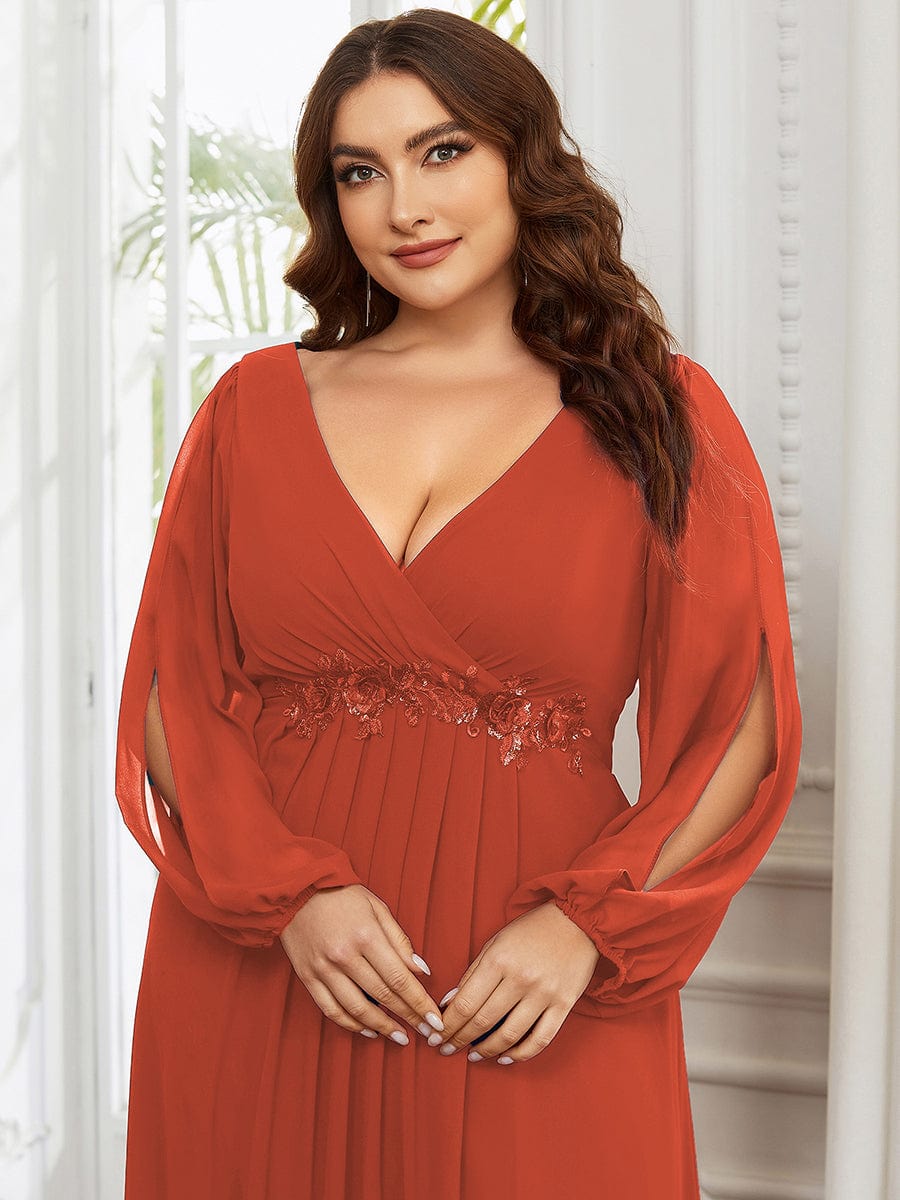 Plus Size Chiffon Empire Waist Maxi Dresses with Long Lantern Sleeves #color_Burnt Orange