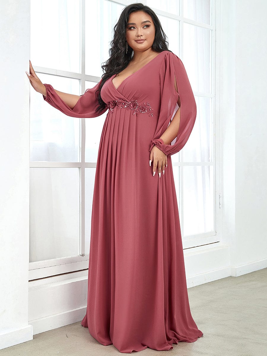 Plus Size Chiffon Empire Waist Maxi Dresses with Long Lantern Sleeves #color_Cameo Brown