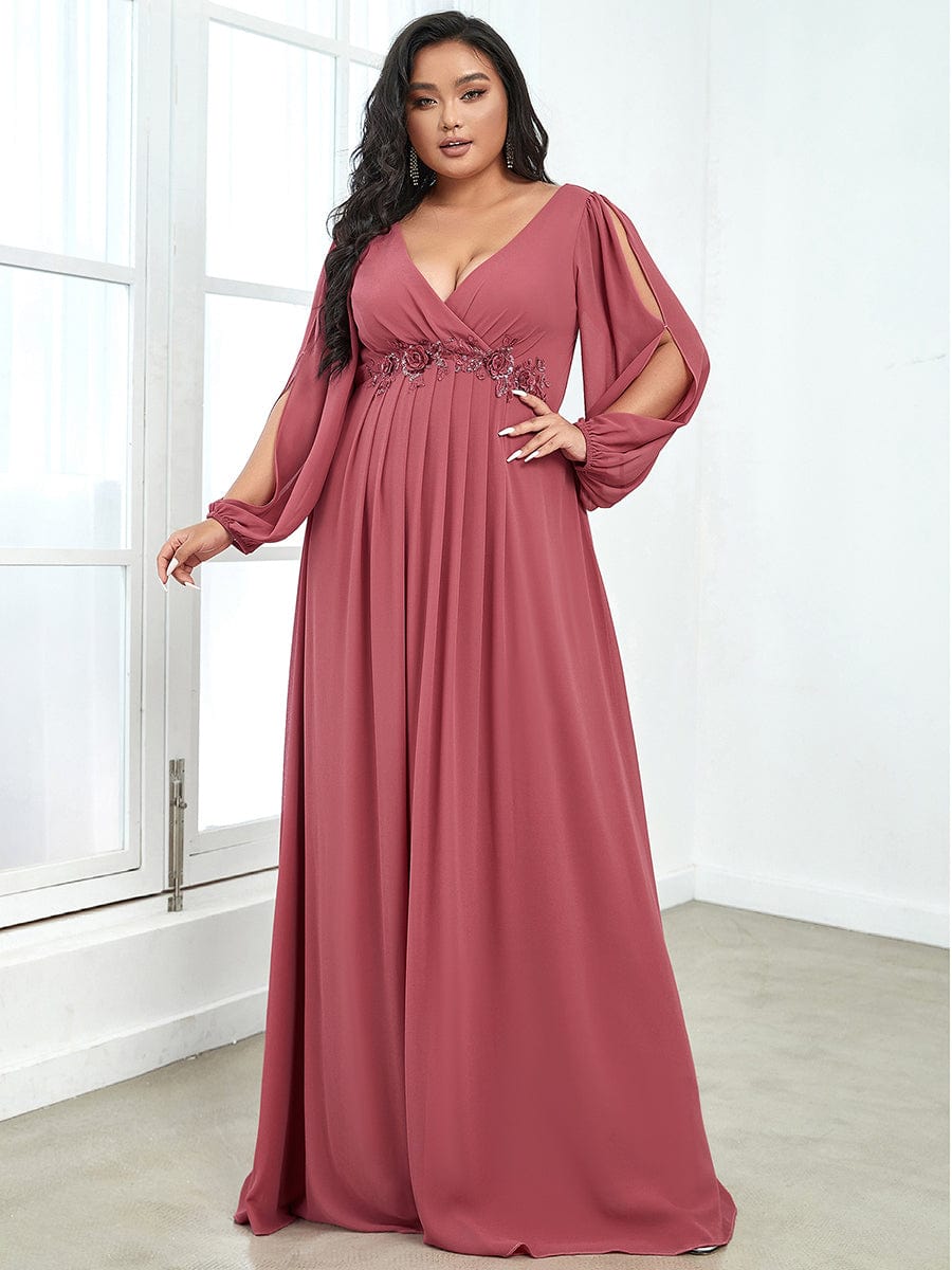 Plus Size Chiffon Empire Waist Maxi Dresses with Long Lantern Sleeves #color_Cameo Brown