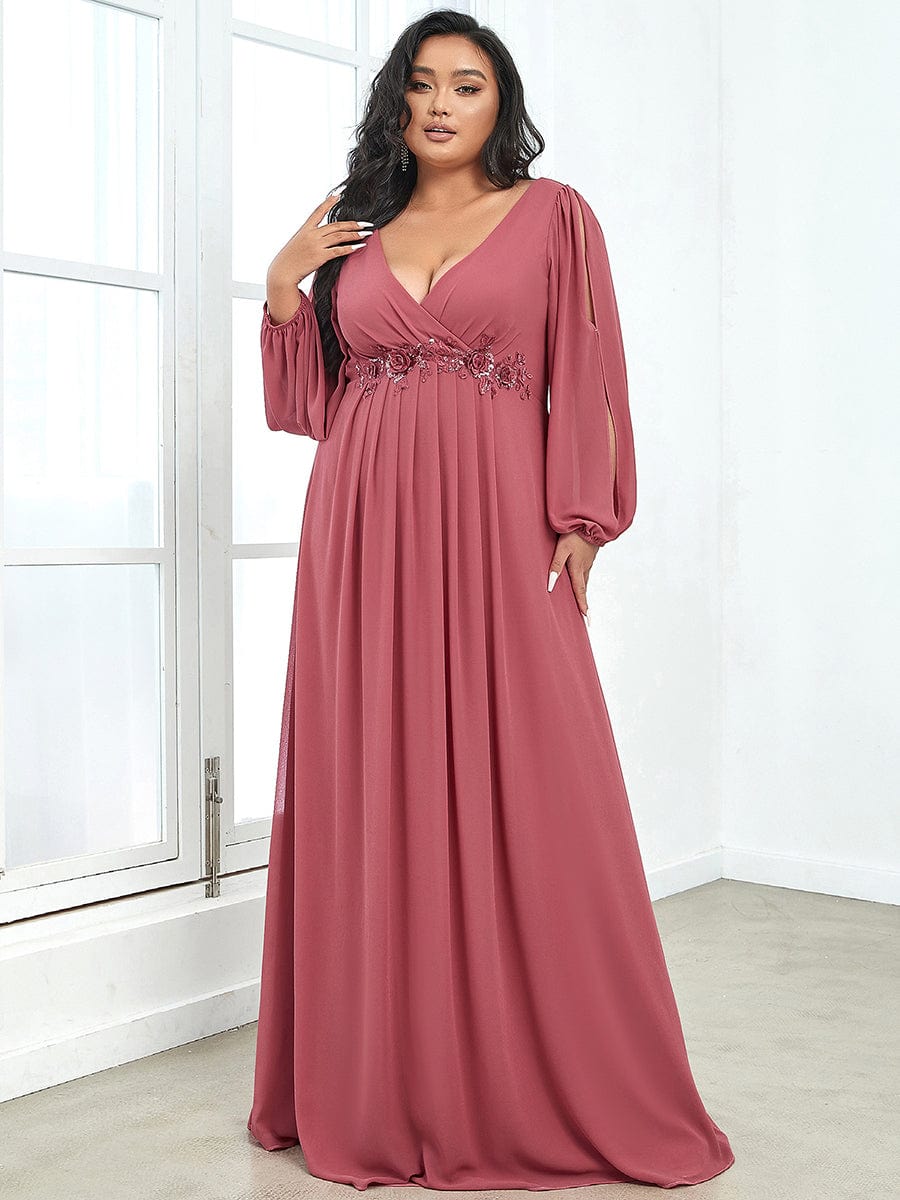 Plus Size Chiffon Empire Waist Maxi Dresses with Long Lantern Sleeves #color_Cameo Brown