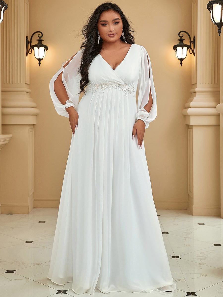 Plus Size Chiffon Empire Waist Maxi Dresses with Long Lantern Sleeves #color_Cream