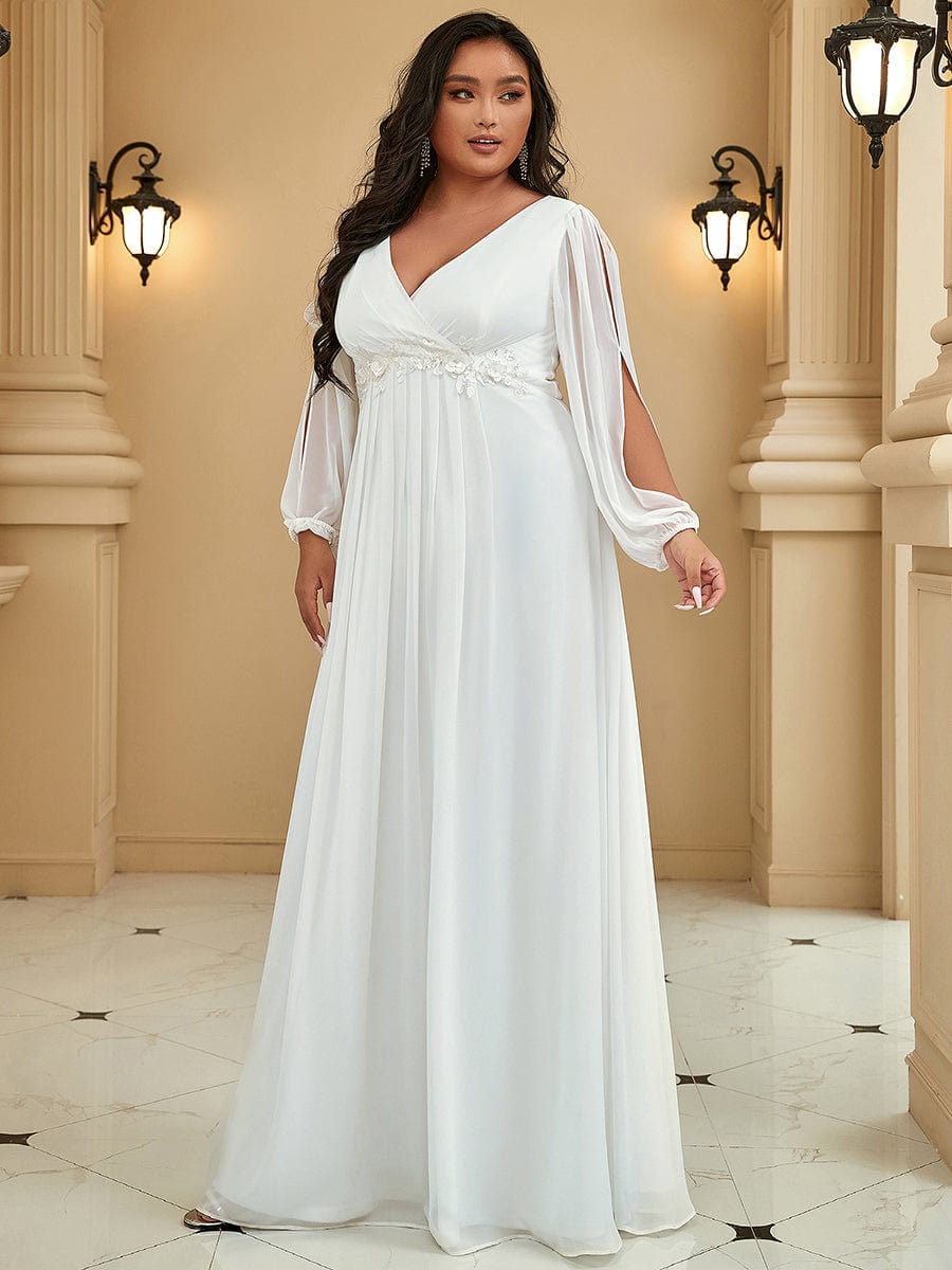 Plus Size Chiffon Empire Waist Maxi Dresses with Long Lantern Sleeves #color_Cream