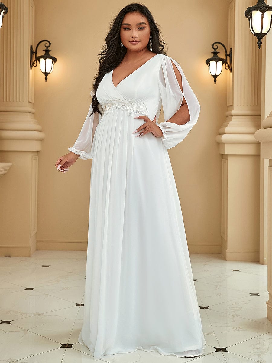 Plus Size Chiffon Empire Waist Maxi Dresses with Long Lantern Sleeves #color_Cream