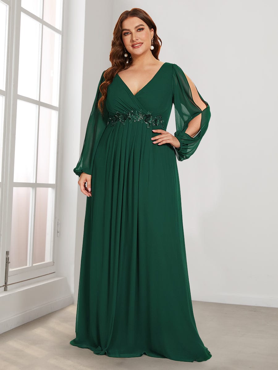 Plus Size Chiffon Empire Waist Maxi Dresses with Long Lantern Sleeves #color_Dark Green