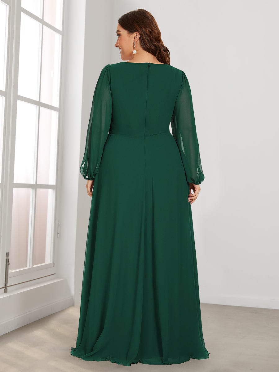 Plus Size Chiffon Empire Waist Maxi Dresses with Long Lantern Sleeves #color_Dark Green