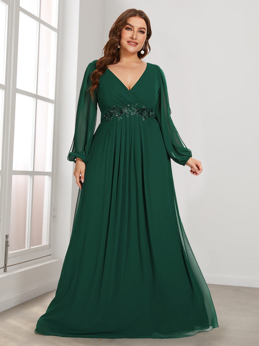 Plus Size Chiffon Empire Waist Maxi Dresses with Long Lantern Sleeves #color_Dark Green