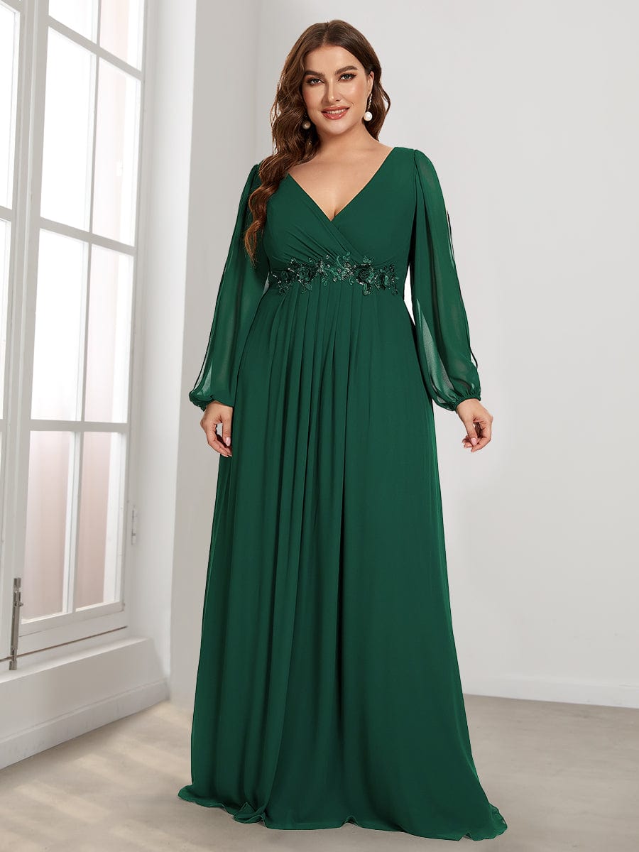 Plus Size Chiffon Empire Waist Maxi Dresses with Long Lantern Sleeves #color_Dark Green