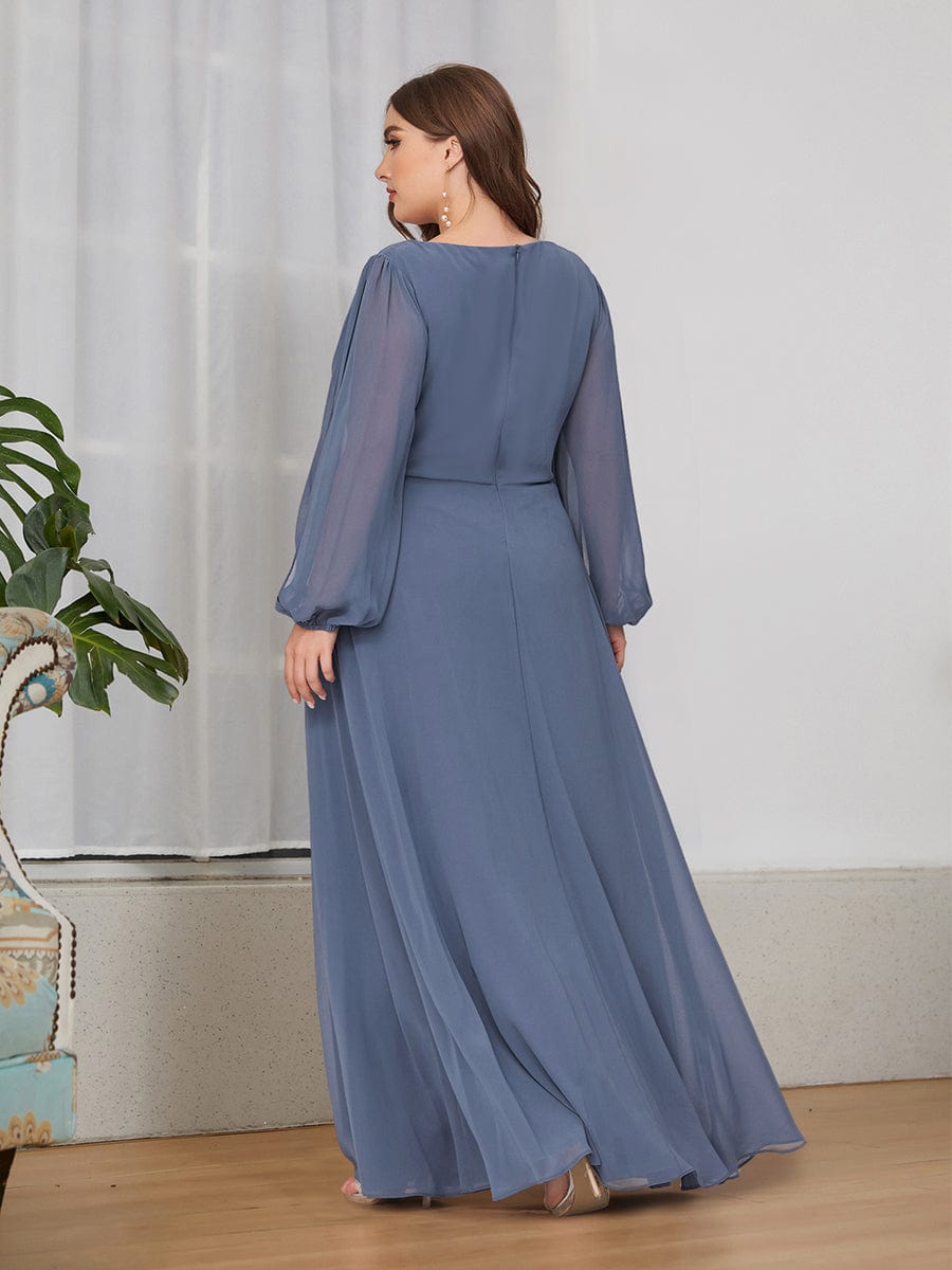 Plus Size Chiffon Empire Waist Maxi Dresses with Long Lantern Sleeves #color_Dusty Blue