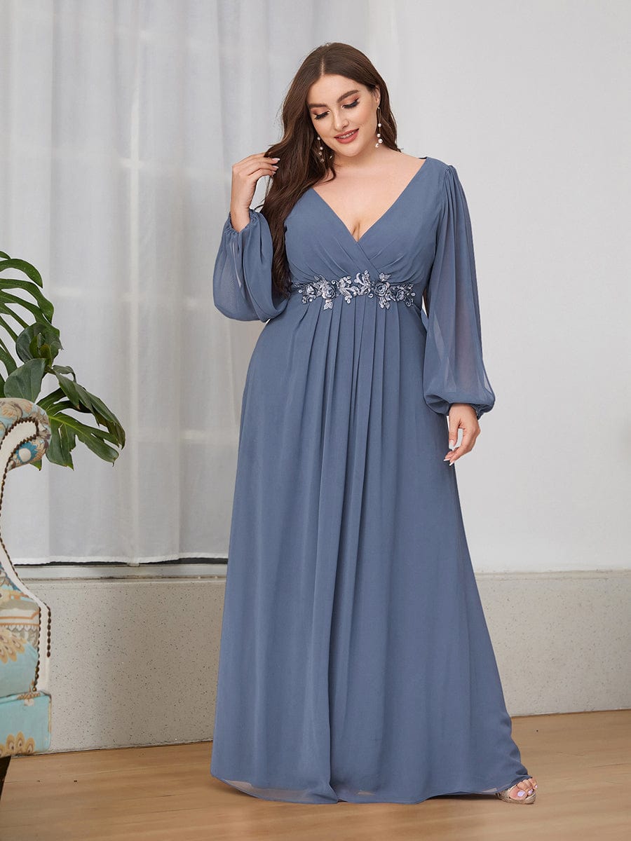 Plus Size Chiffon Empire Waist Maxi Dresses with Long Lantern Sleeves #color_Dusty Blue