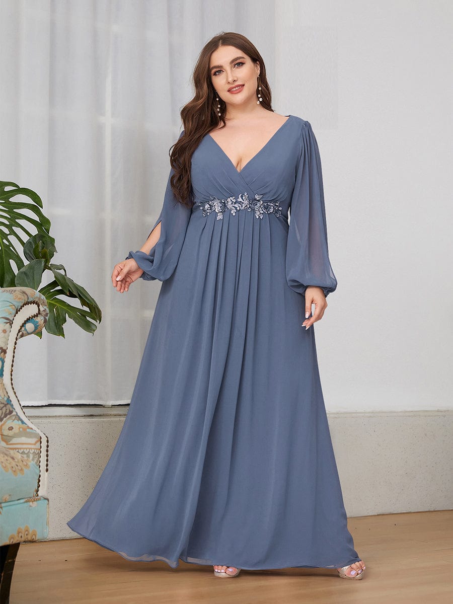 Plus Size Chiffon Empire Waist Maxi Dresses with Long Lantern Sleeves #color_Dusty Blue