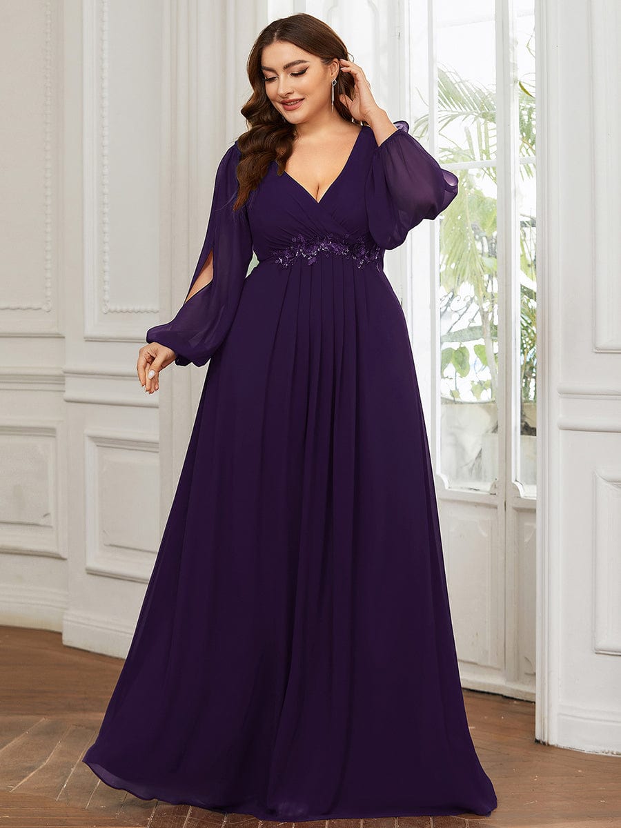 Plus Size Chiffon Empire Waist Maxi Dresses with Long Lantern Sleeves #color_Dark Purple