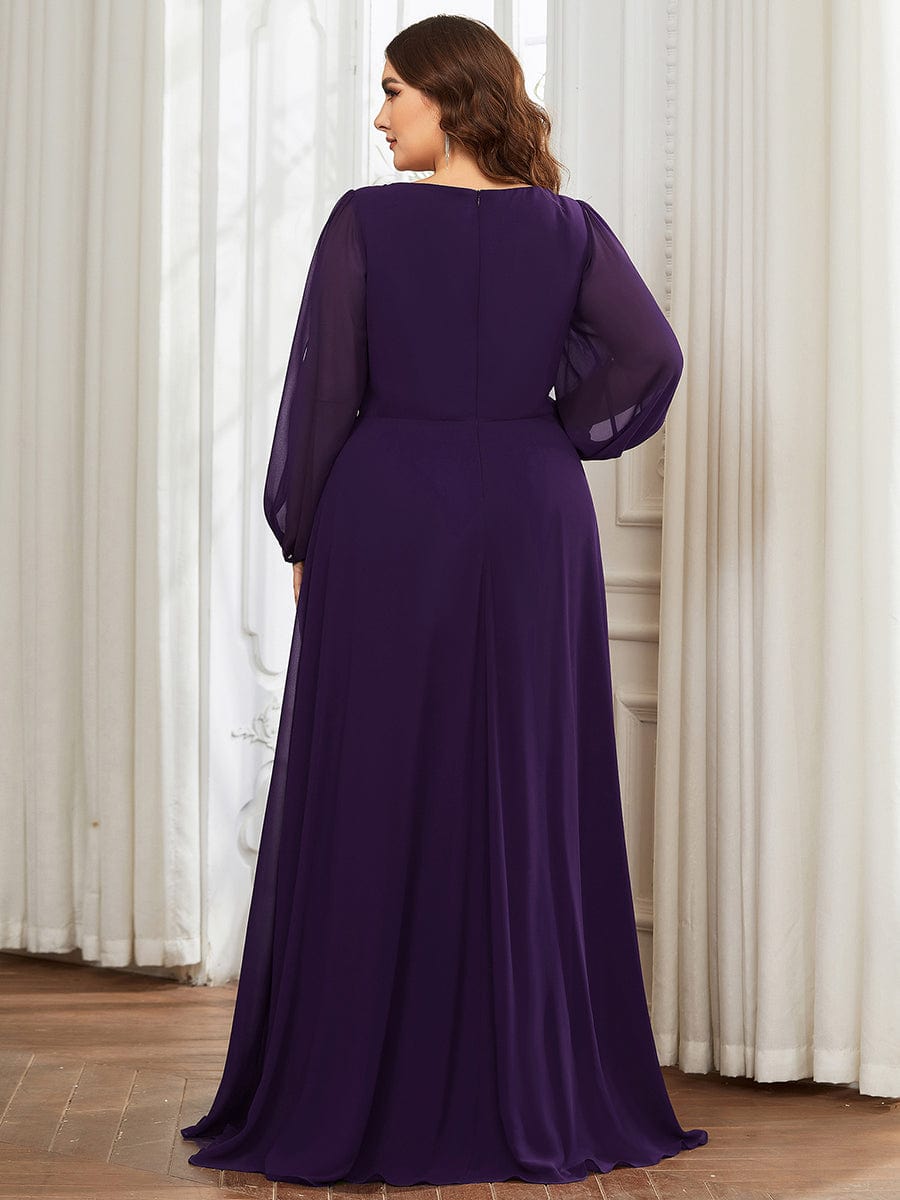 Plus Size Chiffon Empire Waist Maxi Dresses with Long Lantern Sleeves #color_Dark Purple