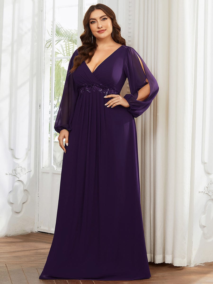 Plus Size Chiffon Empire Waist Maxi Dresses with Long Lantern Sleeves #color_Dark Purple