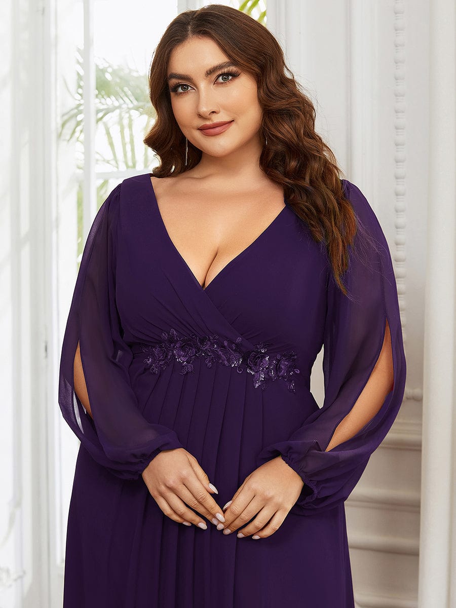 Plus Size Chiffon Empire Waist Maxi Dresses with Long Lantern Sleeves #color_Dark Purple