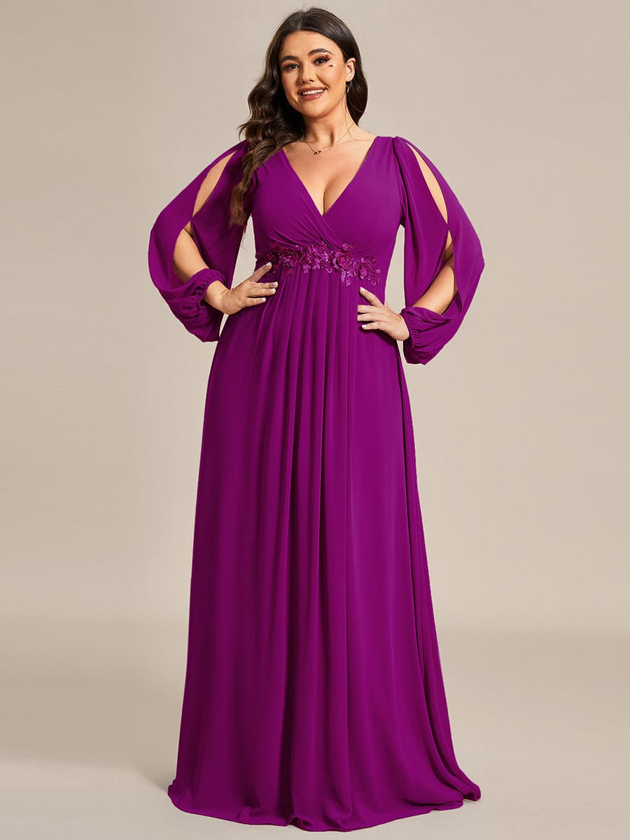 Plus Size Chiffon Empire Waist Maxi Dresses with Long Lantern Sleeves #color_Fuchsia