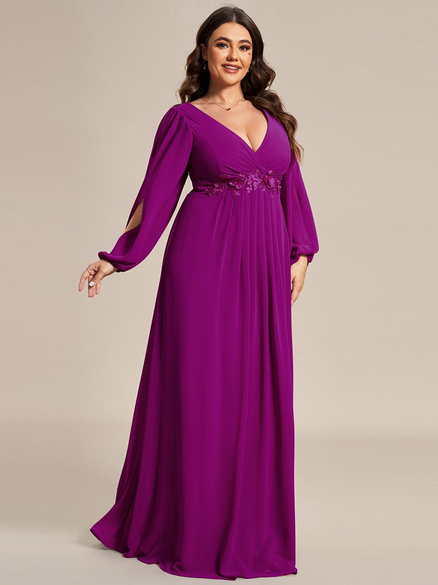 Plus Size Chiffon Empire Waist Maxi Dresses with Long Lantern Sleeves #color_Fuchsia