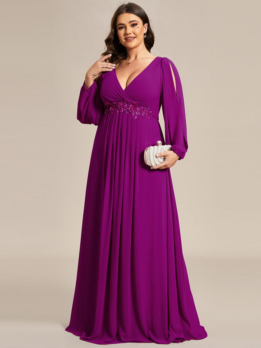 Plus Size Chiffon Empire Waist Maxi Dresses with Long Lantern Sleeves #color_Fuchsia