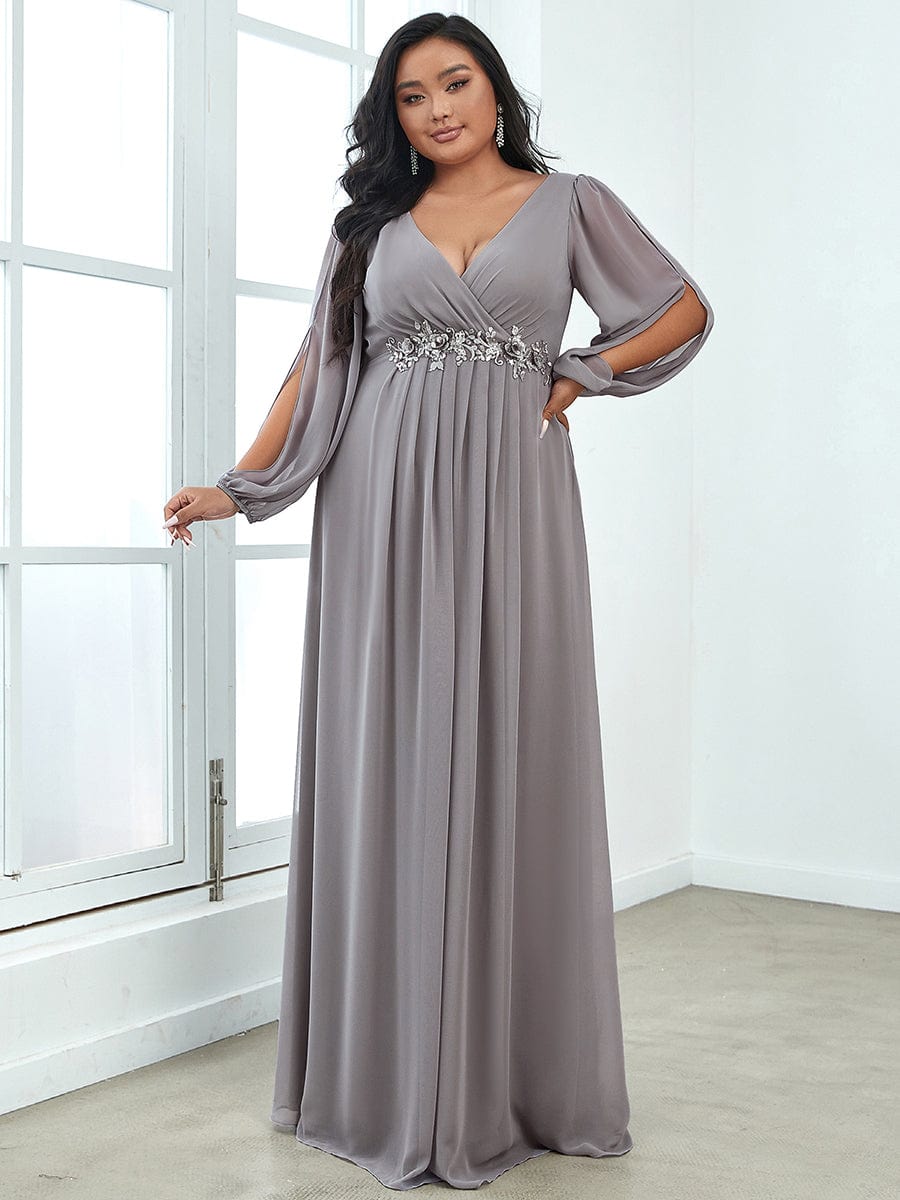 Plus Size Chiffon Empire Waist Maxi Dresses with Long Lantern Sleeves #color_Grey