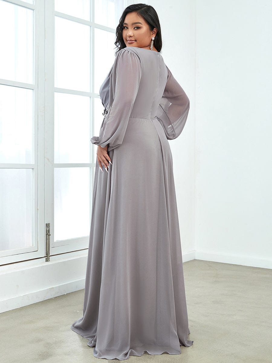 Plus Size Chiffon Empire Waist Maxi Dresses with Long Lantern Sleeves #color_Grey