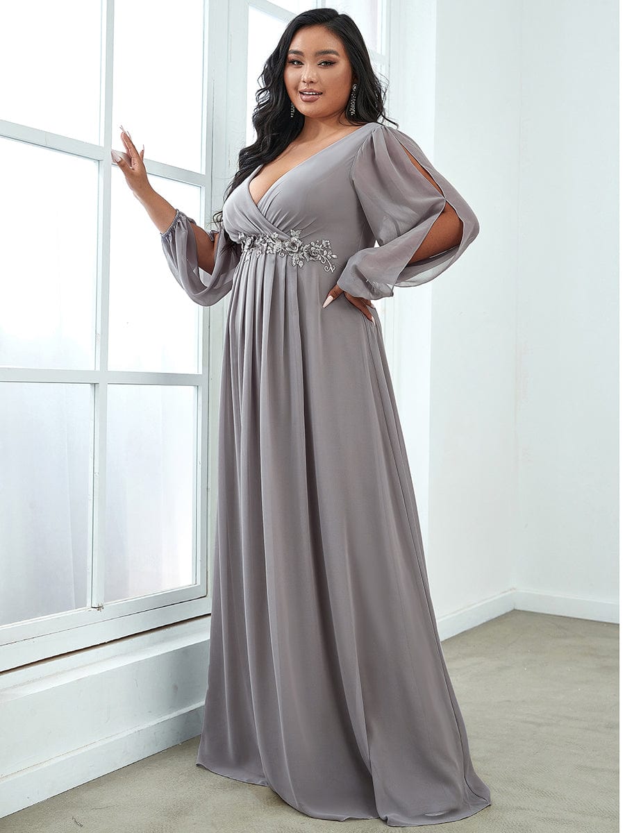 Plus Size Chiffon Empire Waist Maxi Dresses with Long Lantern Sleeves #color_Grey