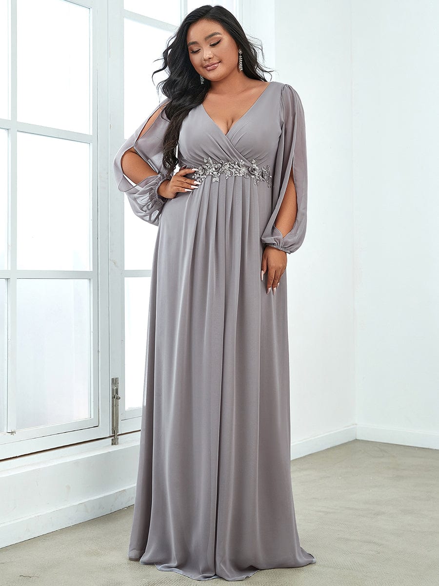 Plus Size Chiffon Empire Waist Maxi Dresses with Long Lantern Sleeves #color_Grey