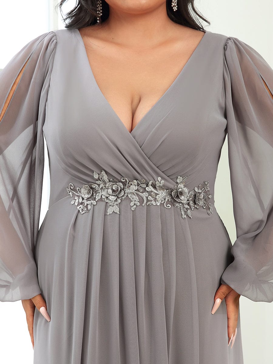 Plus Size Chiffon Empire Waist Maxi Dresses with Long Lantern Sleeves #color_Grey