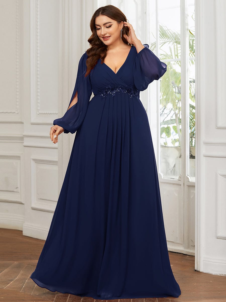 Plus Size Chiffon Empire Waist Maxi Dresses with Long Lantern Sleeves #color_Navy Blue