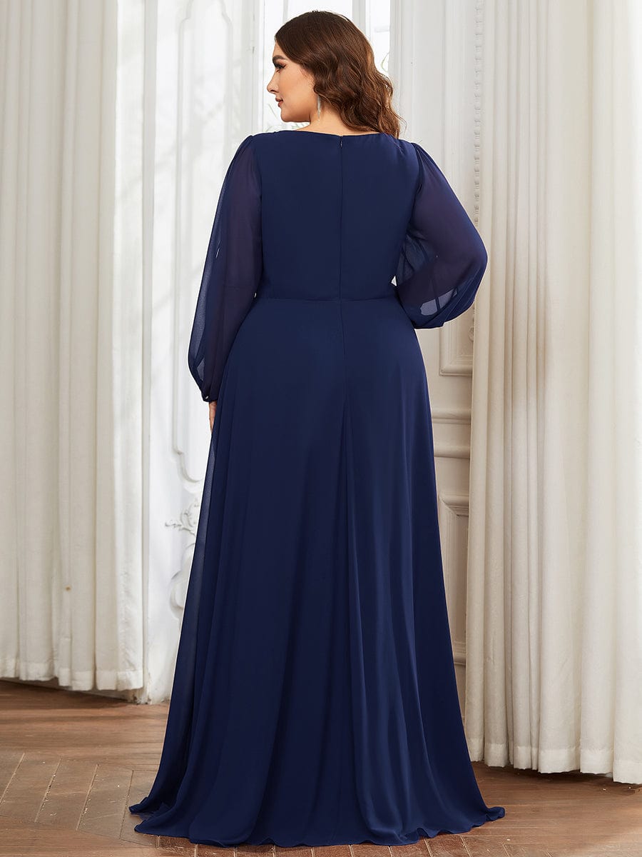 Plus Size Chiffon Empire Waist Maxi Dresses with Long Lantern Sleeves #color_Navy Blue